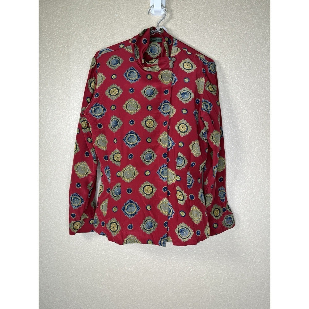 Robert Vance 100% Silk Blouse Womens Sz 4 Red Boho Retro Vintage Y2k Cowl Neck